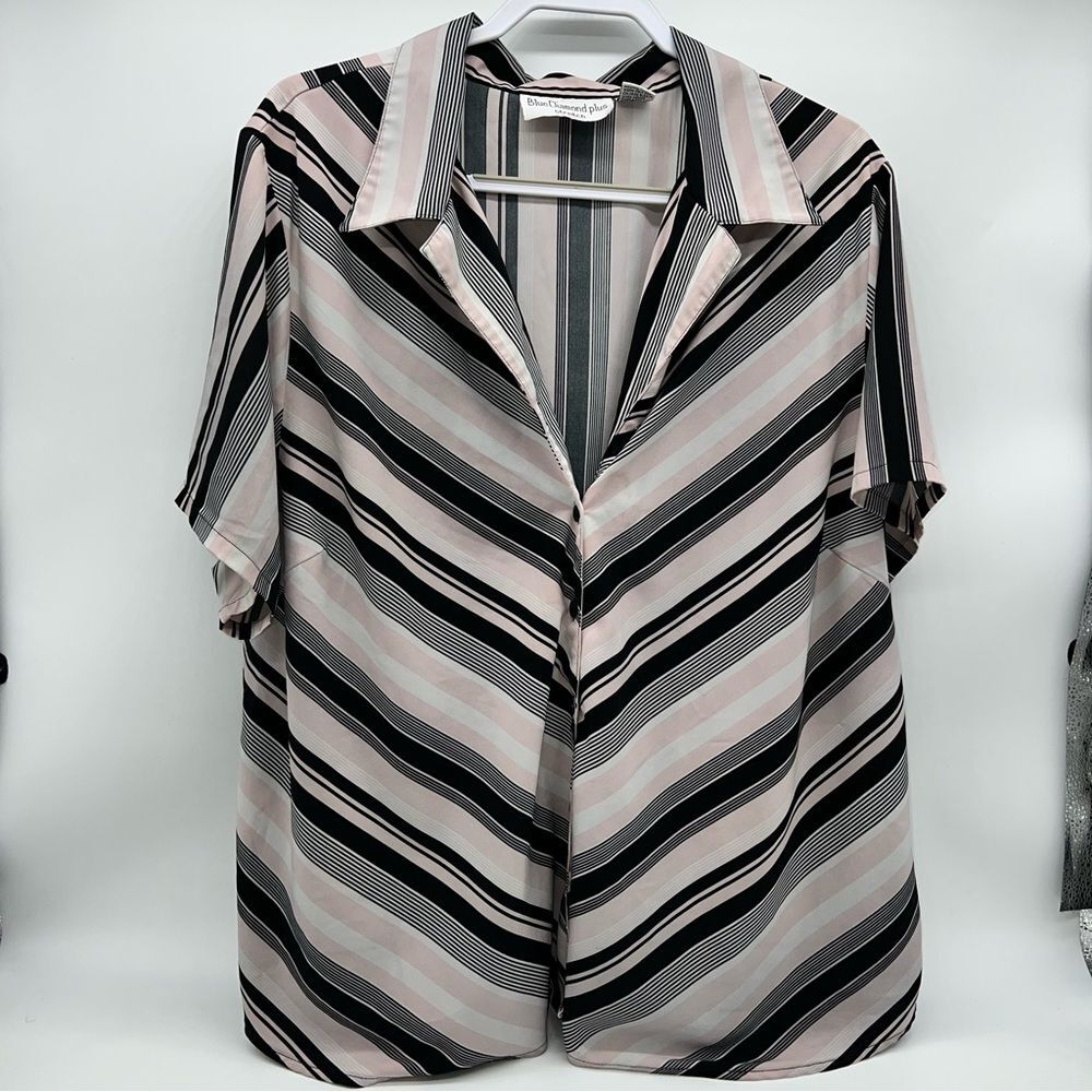 Blue Diamond Plus Stretch Short Sleeve Striped Blouse - Pink/Black/Off White 24